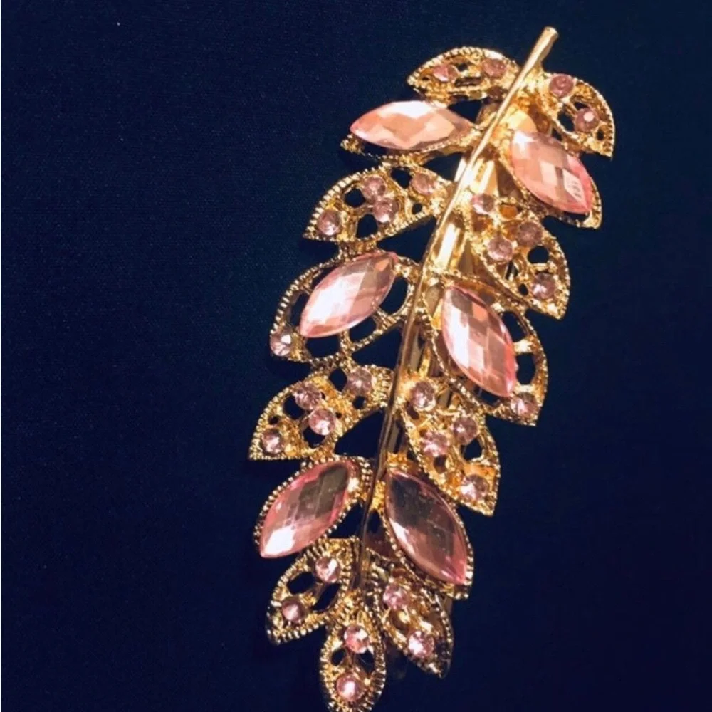 Gold-Tone Pink Crystal Leaf Drop Hair Accessory